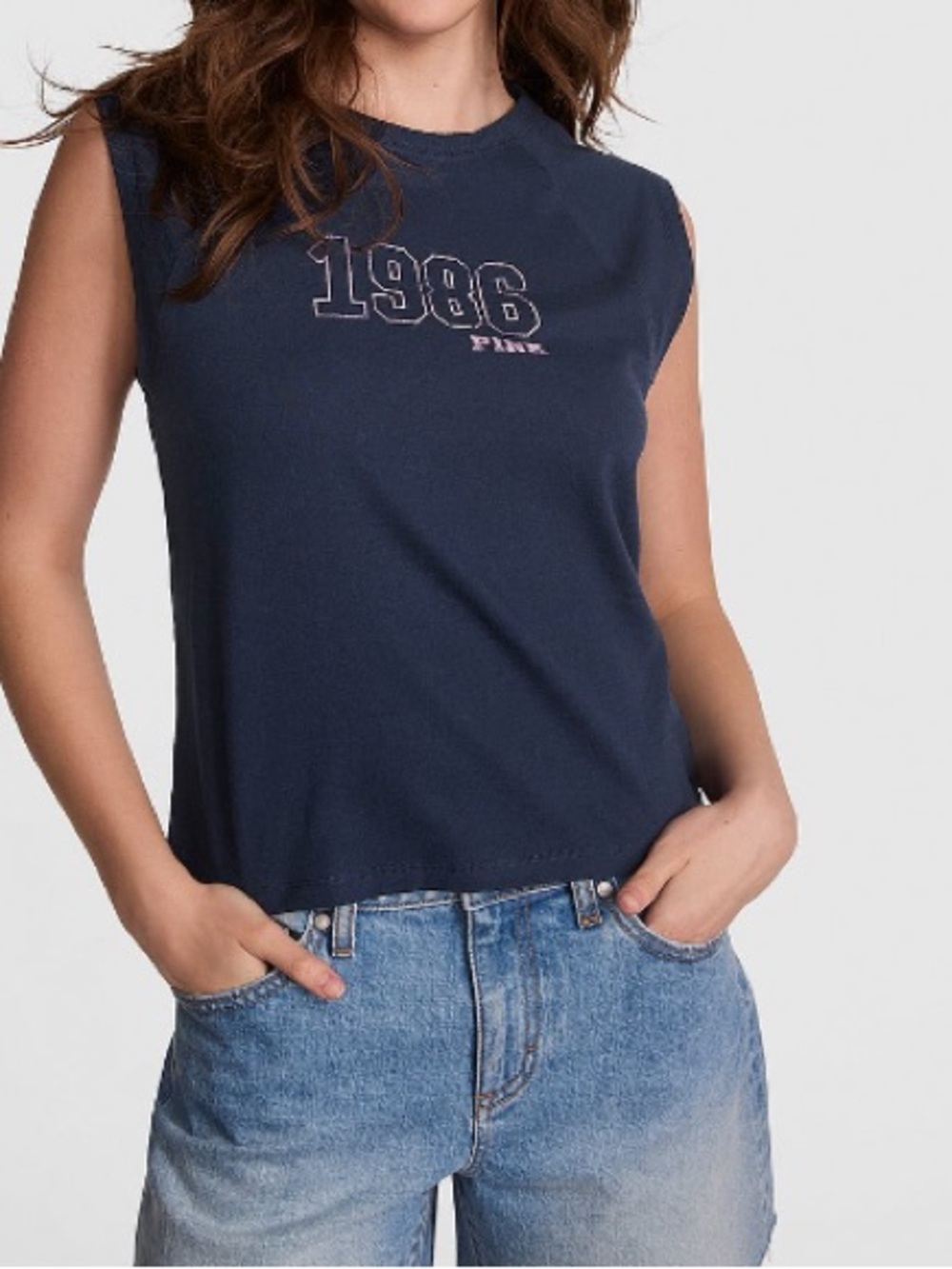 💗PINK Victorias Secret Retro Cotton LOGO Muscle /Tee/Tank! Navy/Pink Logo/Sz-S!